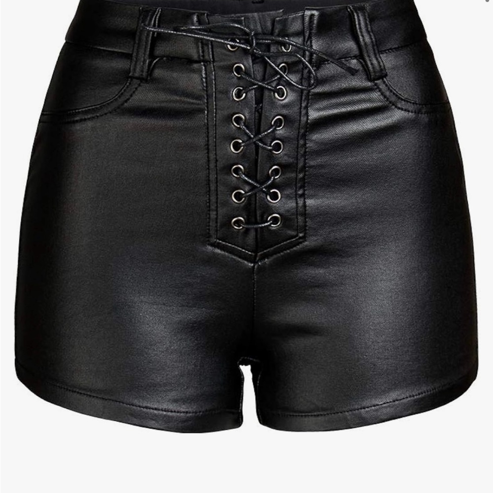 Tie up leather-like black shorts never worn size large